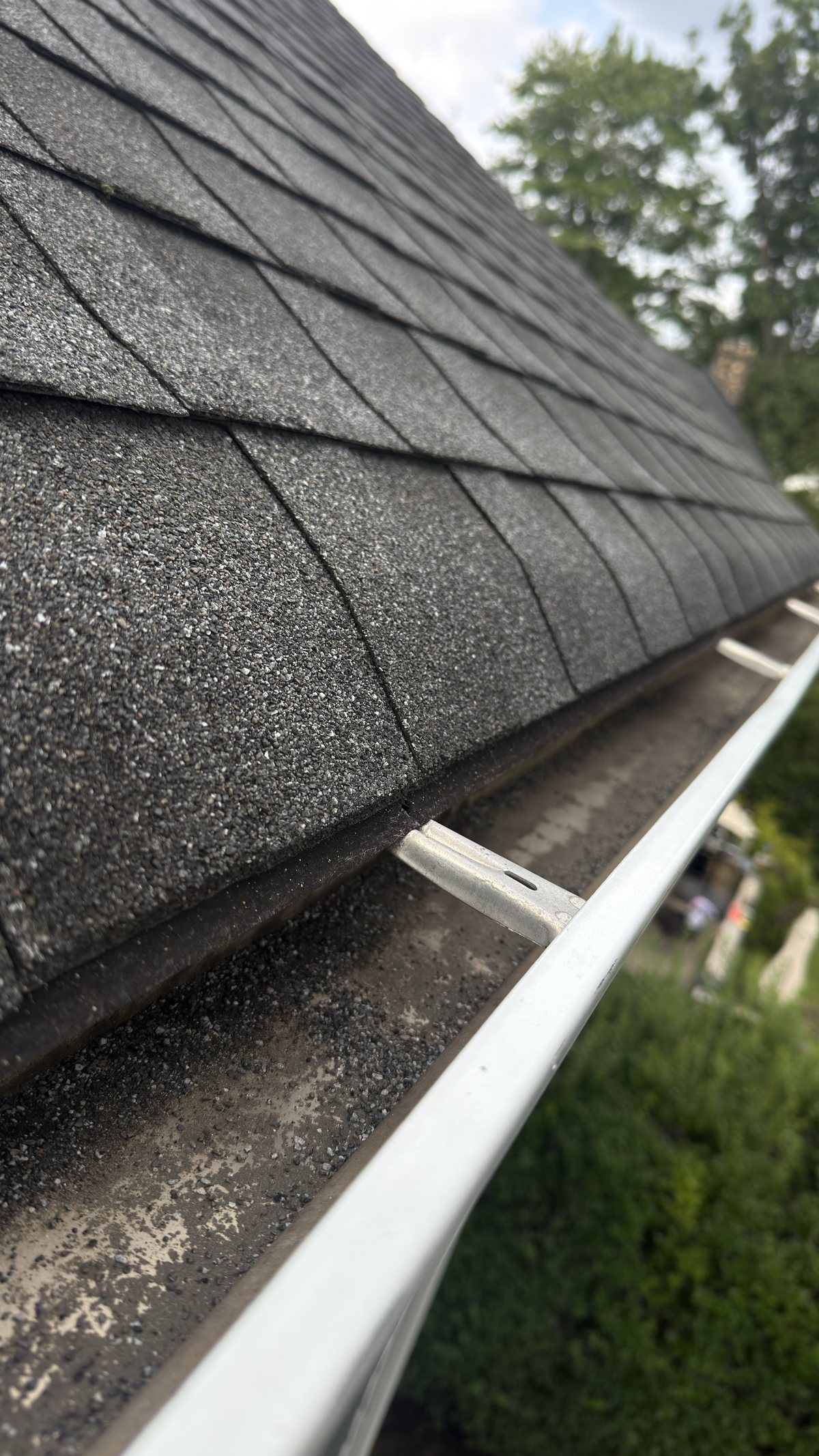 Asphalt shingle granules collected in a gutter on a North Jersey home, a sign the shingle surface is near the end of its life